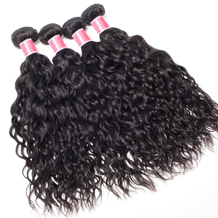 Malaysian Water Wave 4 Bundles With 13X4 Ear To Ear Lace Frontal Natural Color