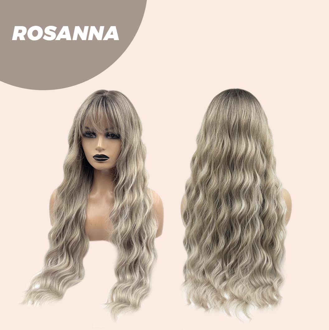 JBEXTENSION 28 Inches Long Body Wave Mix Grey Blonde Wig With Bangs ROSANNA